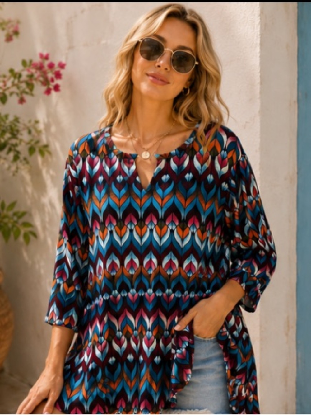 Ruby Rd Woman 2X Geometric Print Tunic Top Blue Pink Orange 3/4 Sleeve Stretch